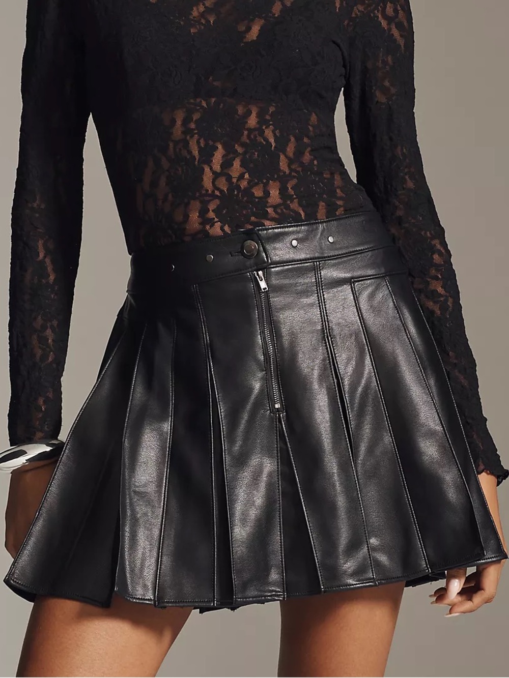 Anthropologie Faux Leather Pleated Hardware Mini Skirt